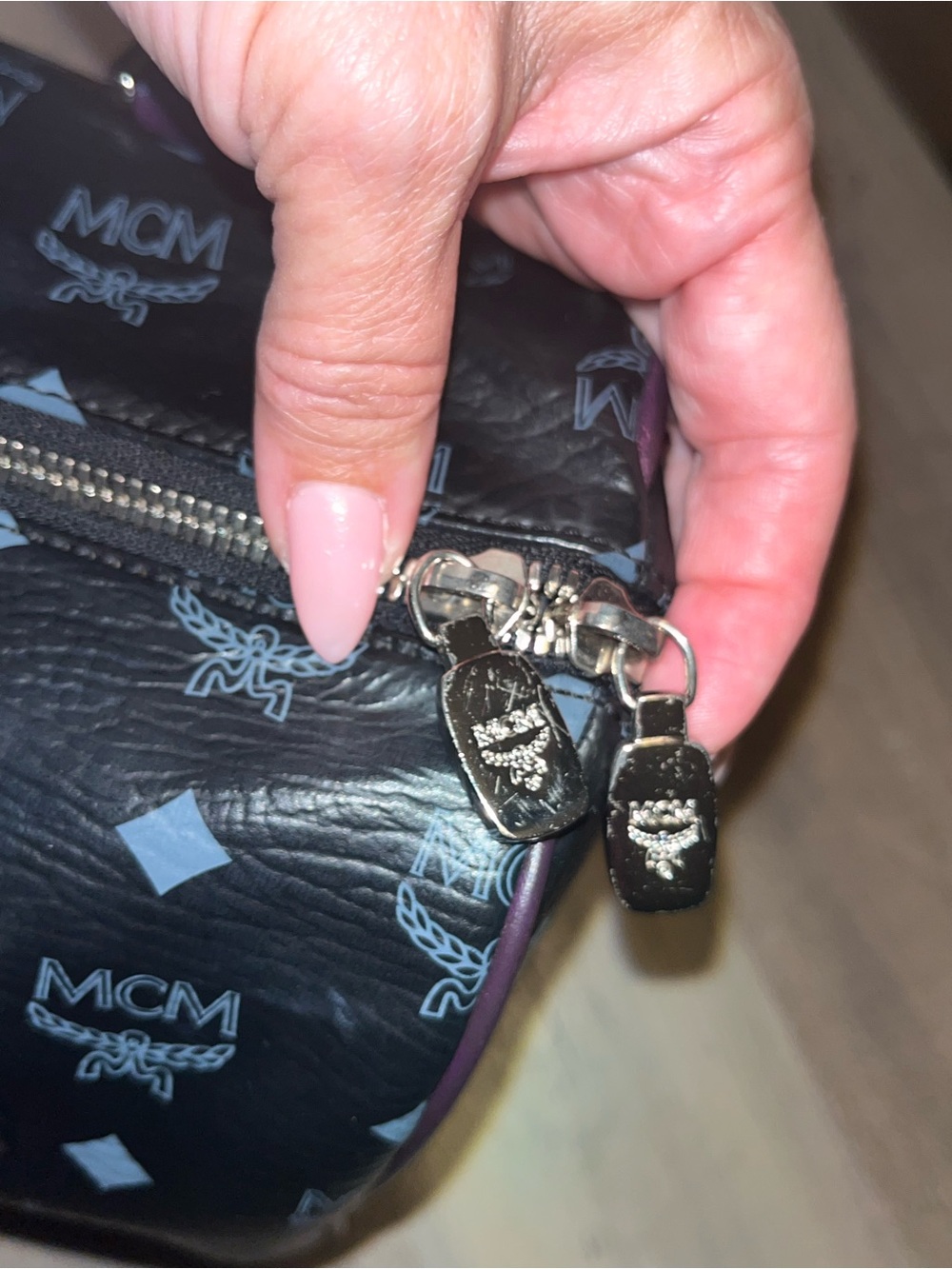 MCM Black monogram Leather Satchel with Purple Handles and Multicolor Patches - Picture 9 of 11